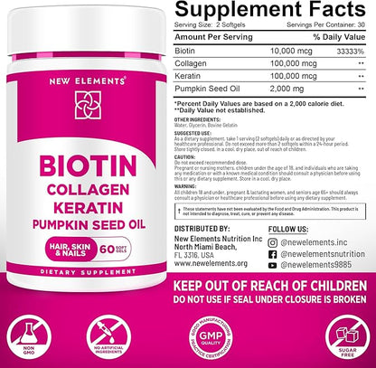 Biotin Supplement 10000mcg with Collagen Peptides Keratin and Pumpkin Seed Oil for Hair Skin and Nails | Hair Growth Supplement for Women & Men | Biotin and Collagen Supplements for Hair Loss