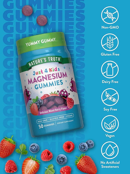 Nature's Truth Magnesium Gummies for Kids | Glycinate & Citrate | 50 Count | Mixed Berry Flavor | Vegan, Non-GMO & Gluten Free Supplement