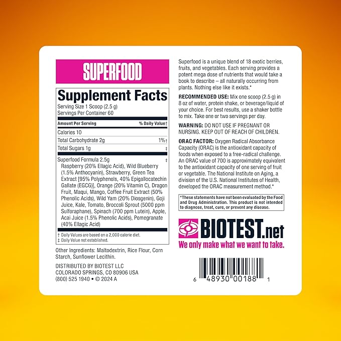 Biotest Superfood Powder Blend of 18 Whole Food Berries, Fruits, and Vegetables - Healthy Polyphenols, Antioxidants, Vitamins, Minerals - 60 Day Supply - 150 g