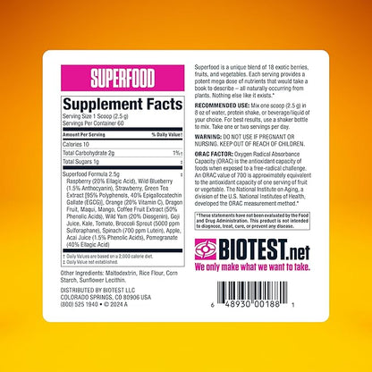 Biotest Superfood Powder Blend of 18 Whole Food Berries, Fruits, and Vegetables - Healthy Polyphenols, Antioxidants, Vitamins, Minerals - 60 Day Supply - 150 g