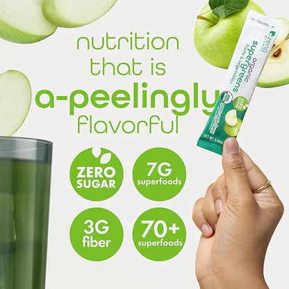 Organic Super Greens Powder, 70+ Superfoods, 0 Sugar, 3G Fiber, Spirulina, Chlorella, Antioxidants, Prebiotics/Probiotics, Digestive Enzymes, Green Apple, 30 Drink Mix Packets