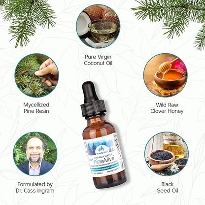 PURELY WILD PineAlive - Raw Pine Resin & Black Seed Oil Complex | Natural Energy & Vitality Support | Wild-Harvested Forest Extract | Dr. Cass Ingram's Original Formula | 1 fl oz with Dropper