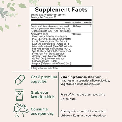 Micro Ingredients Resveratrol NAD + Supplement 3,000mg, 240 Veggie Capsules | 11-in-1 Antioxidant Blend of Grape Seed, Berberine, Quercetin, Moringa, & More | Immune, Heart, & Brain Support