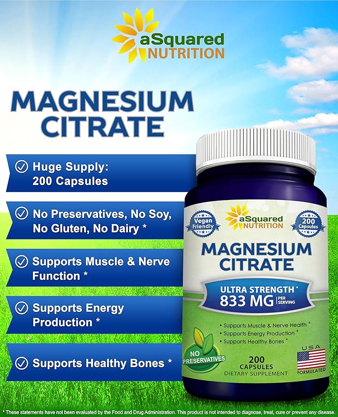 aSquared Nutrition Magnesium Citrate 833mg Supplement - 200 Capsules - Max Strength Vegan Mag Citrate Powder Pills to Support Pure Function of Muscles, Heart & Bones - Helps Increase Energy