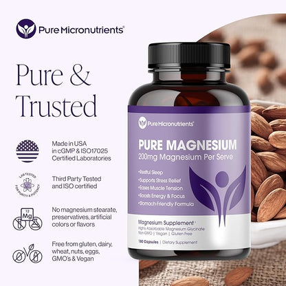 Pure Micronutrients Magnesium Glycinate Supplement (Chelated) 200mg Per Serve, 180 Count