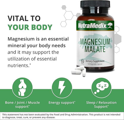 NutraMedix Magnesium Malate Energy Supplements - Bioavailable Magnesium for Sleep, Immune Support & Joint Health - Vegan, Non-GMO & Gluten-Free Magnesium Supplements (120 Vegetarian Capsules)