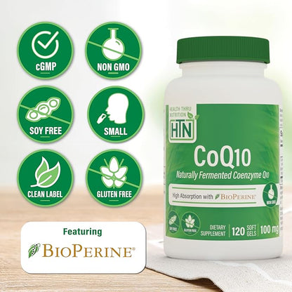 Health Thru Nutrition CoQ-10 100mg with BioPerine 120 Softgels | High Absorption Naturally Fermented USP Grade Coenzyme Q10 Supplement | 3rd Party Tested | Heart Health and Energy Support