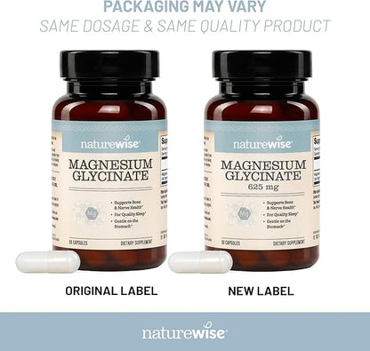 NatureWise Magnesium Glycinate 625 mg - Equal to 125 mg Elemental Mg - Chelated Magnesium Glycinate for Sleep, Relaxation, Muscle & Bones* - Gentle on Stomach, Vegan - 30 Capsules[30-Day Supply]