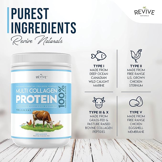 Revive Naturals Multi Collagen Hydrolyzed Protein Powder (16oz) - Types I, II, III, V & X - Grass Fed Bovine, Wild Caught Marine, Free Roaming Chicken & Eggshell Collagen Peptides,