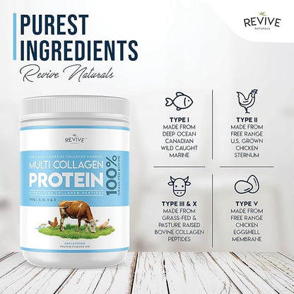 Revive Naturals Multi Collagen Hydrolyzed Protein Powder (16oz) - Types I, II, III, V & X - Grass Fed Bovine, Wild Caught Marine, Free Roaming Chicken & Eggshell Collagen Peptides,