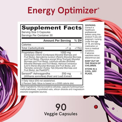 Jarrow Formulas Energy Optimizer with Cordyceps, Reishi, Lion’s Mane, Shiitake, King Trumpet, and Turkey Tail Mushrooms, Dietary Supplement with Ashwagandha, 90 Veggie Capsules, 30 Day Supply