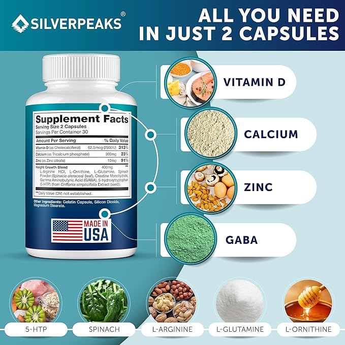 Growth Capsules to Grow Taller - Height Growth Maximizer with Calcium for Bone Strength, Made in USA, Natural Get Taller Supplement to Increase Bone Growth Adults, Teens & Kids, Free of Growth Hormone