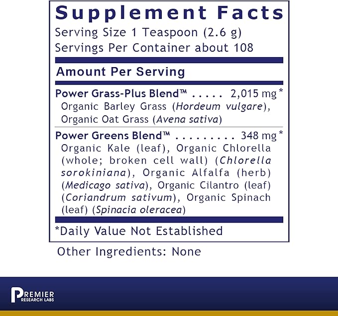 Premier Research Labs Premier Organic Greens - Super Greens Powder, Greens Superfood Powder for Drinks, Green Juice, Nutrition Support, Supergreens for Men & Women, Spinach, Alfalfa, Chlorella - 10 oz