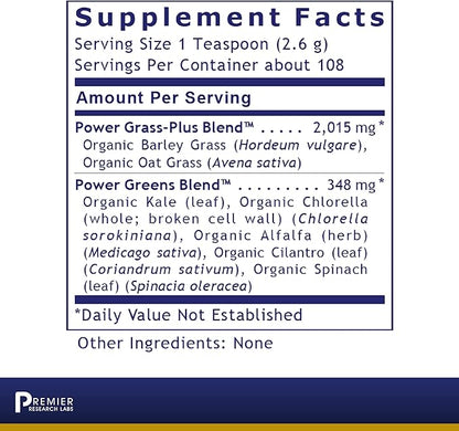 Premier Research Labs Premier Organic Greens - Super Greens Powder, Greens Superfood Powder for Drinks, Green Juice, Nutrition Support, Supergreens for Men & Women, Spinach, Alfalfa, Chlorella - 10 oz
