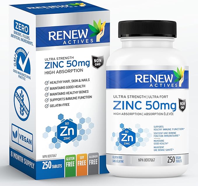 Renew Actives Zinc Supplements 50MG per Serving - Essential for Immune Health, Strong Bones & Promoting Healthy Hair, Nails & Glowing Skin for Daily Use - Made in Canada - 250 Tablets