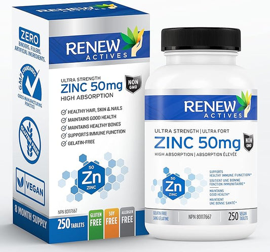 Renew Actives Zinc Supplements 50MG per Serving - Essential for Immune Health, Strong Bones & Promoting Healthy Hair, Nails & Glowing Skin for Daily Use - Made in Canada - 250 Tablets