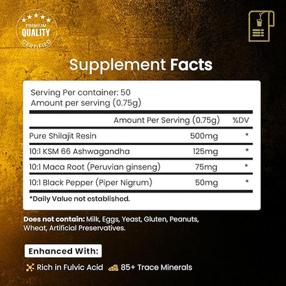 Pure Himalayan Organic Shilajit Resin Extract for Men & Women- 100% Natural Ashwagandha Black Pepper Shilajit Resin for Men Women Gold Ayurvedic,Fulvic Acid 85 + Trace Minerals, 50 Servings, 40 Grams