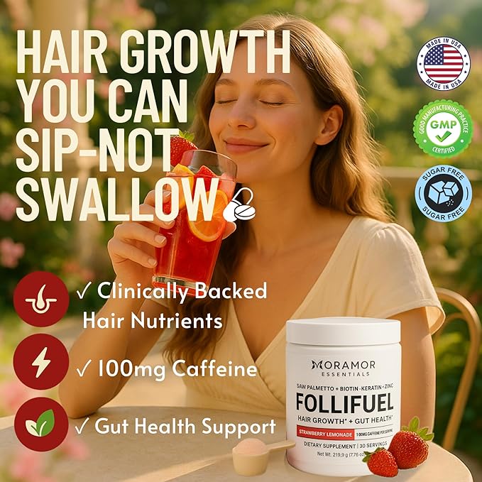 Follifuel Hair Growth Powder Drink Mix for Women & Men | 3-in-1 Hair, Gut & Energy Support | Biotin, Zinc, Caffeine & Saw Palmetto | Hair Vitamins for Thinning Hair | Strawberry Lemonade | 30 Servings
