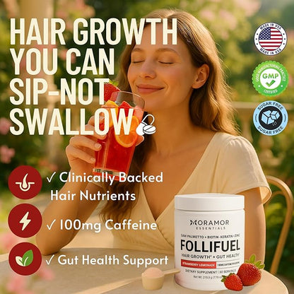 Follifuel Hair Growth Powder Drink Mix for Women & Men | 3-in-1 Hair, Gut & Energy Support | Biotin, Zinc, Caffeine & Saw Palmetto | Hair Vitamins for Thinning Hair | Strawberry Lemonade | 30 Servings