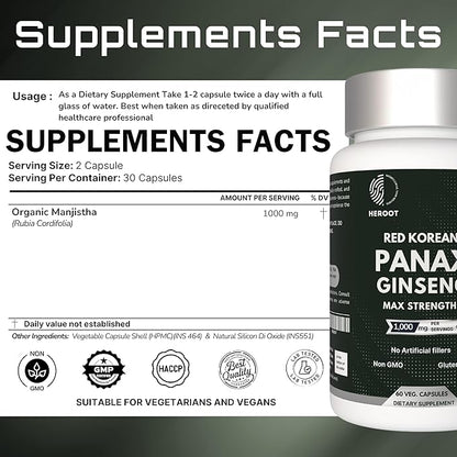 Panax Ginseng Capsule 500 MG Per Serving Energy, Memory & Brain Health Support, Non-GMO (Pack of 60 Capsule)
