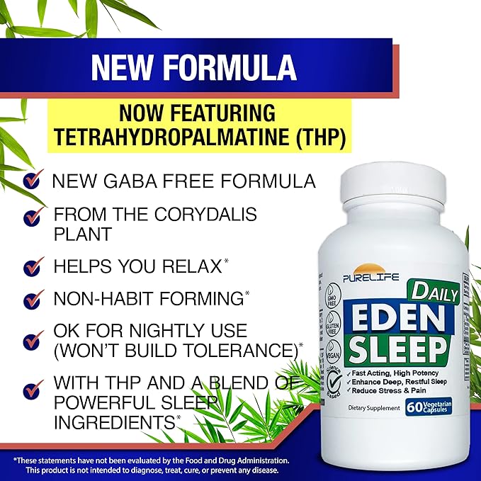 Eden Daily Sleep [New GABA Free Formula] – Fall Asleep Faster, Relax Your Muscles, Promote Deep and Restful Sleep (60 Vegan Capsules)