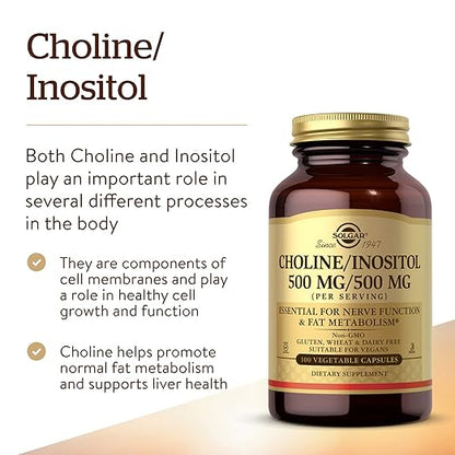 Solgar Choline/Inositol 500 mg/500 mg, 100 Vegetable Capsules - Energy Metabolism, Liver Health, Essential for Brain & Nerve Function - Non-GMO, Vegan, Gluten Free, Dairy Free, Kosher - 50 Servings