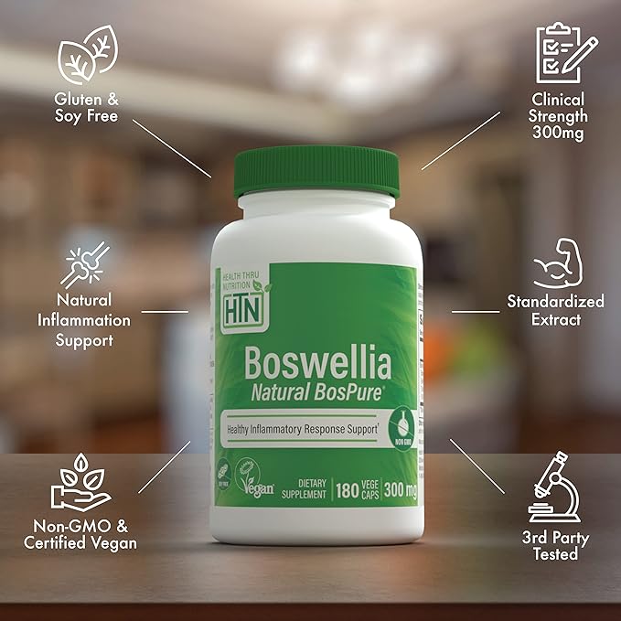 Health Thru Nutrition Boswellia 300mg 180 Capsules as Bospure AKBAMAX | High Potency 75% Boswellic Acids 10% AKBA | Healthy Inflammatory Support | Vegan Certified | Non-GMO Gluten Free Soy Free