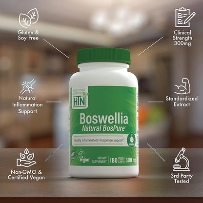 Health Thru Nutrition Boswellia 300mg 180 Capsules as Bospure AKBAMAX | High Potency 75% Boswellic Acids 10% AKBA | Healthy Inflammatory Support | Vegan Certified | Non-GMO Gluten Free Soy Free