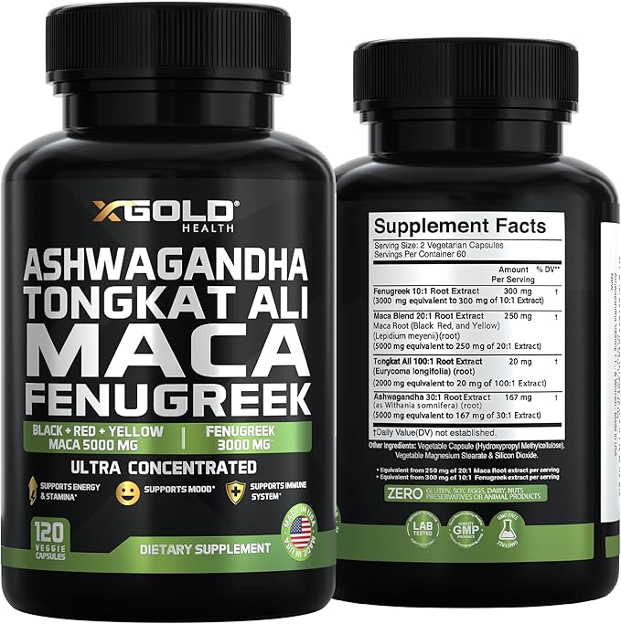 Ashwagandha 5000mg + Tongkat Ali 1000mg + Maca Root 5000mg + Fenugreek 3000mg Supplement | Black + Red + Yellow Maca Root Extract & Fenugreek Herbal Supplements for Men & Women - Made in USA