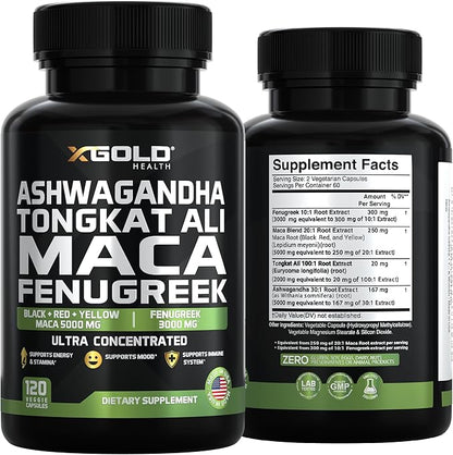 Ashwagandha 5000mg + Tongkat Ali 1000mg + Maca Root 5000mg + Fenugreek 3000mg Supplement | Black + Red + Yellow Maca Root Extract & Fenugreek Herbal Supplements for Men & Women - Made in USA