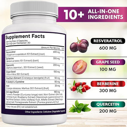NEW AGE Resveratrol, Berberine, Grape Seed Extract, Quercetin - Polyphenol Supplement for Women and Men with Noni Extract, N-Acetyl Cysteine, Acai Extract - 60 Capsules