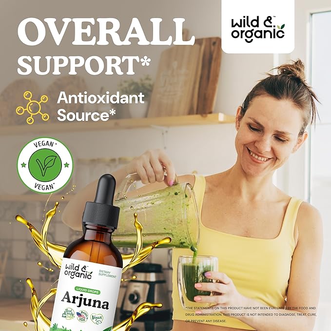 Wild & Organic Arjuna Tincture - Overall & Antioxidant Support Supplement - Terminalia Arjuna Bark Extract Drops - Vegan, Sugar & Alcohol-Free - 2 fl oz