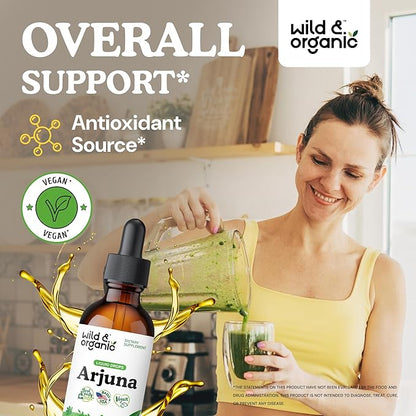 Wild & Organic Arjuna Tincture - Overall & Antioxidant Support Supplement - Terminalia Arjuna Bark Extract Drops - Vegan, Sugar & Alcohol-Free - 2 fl oz