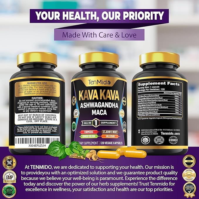 Kava Kava Root Supplement - 8in1 Formula - Combine with Ashwagandha, Maca, Turmeric, Ginkgo Biloba, St. John's Wort, Valerian & Black Pepper - 120 Vegan Capsules, 4 Months Supply