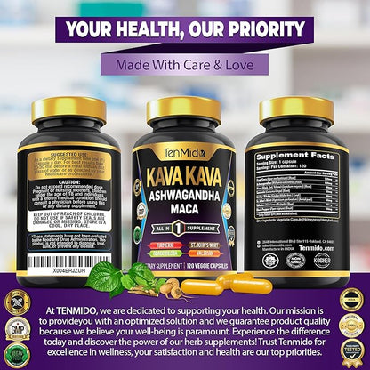 Kava Kava Root Supplement - 8in1 Formula - Combine with Ashwagandha, Maca, Turmeric, Ginkgo Biloba, St. John's Wort, Valerian & Black Pepper - 120 Vegan Capsules, 4 Months Supply