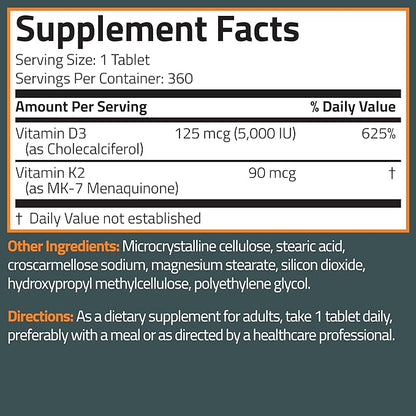 Bronson Vitamin K2 D3 (MK7) Supplement Non-GMO Formula Vitamin D3 5000IU (125 mcg) & 90 mcg K2 MK-7, Easy to Swallow D & K Complex, 360 Tablets