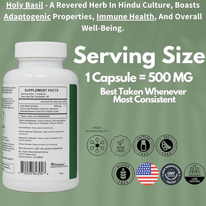 PRISTINE'S Holy Basil (Tulsi) 500 mg (2 Pack) Relaxation & Immunity Support Adaptogen Supplement - 120 Day Supply - Holy Basil Leaf Capsules - Vegan - Non-GMO - Gluten Free Supplements