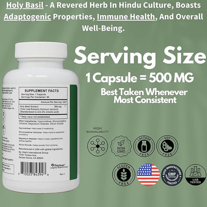 PRISTINE'S Holy Basil (Tulsi) 500 mg (3 Pack) Relaxation & Immunity Support Adaptogen Supplement - 180 Day Supply - Holy Basil Leaf Capsules - Vegan - Non-GMO - Gluten Free Supplements