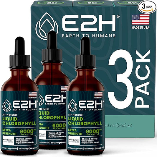 E2H Chlorophyll Liquid Drops - Natural Energy Booster, Immune System Support, Digestion and Skin Care Supplement - Vegan - Gluten Free - Non-GMO - (3 Bottles)