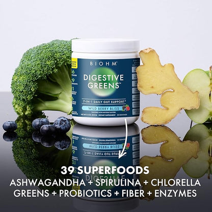 BIOHM Digestive Greens, Green Superfood Powder (7.4 Oz, 30 Servings) Immune & Gut Health Support with Antioxidants, Vitamins, Probiotics & Enzymes, Good Source of Fiber, Berry Flavor