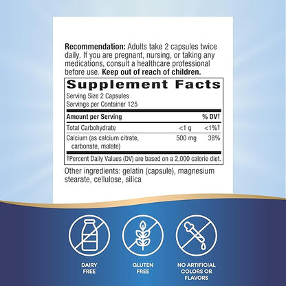 Nature's Way Calcium Citrate, 500 mg Calcium per 2-Capsule Serving, for Bone Health & Muscle Function*, Blend of Citrate, Carbonate & Malate, Gluten Free, 250 Capsules (Packaging May Vary)