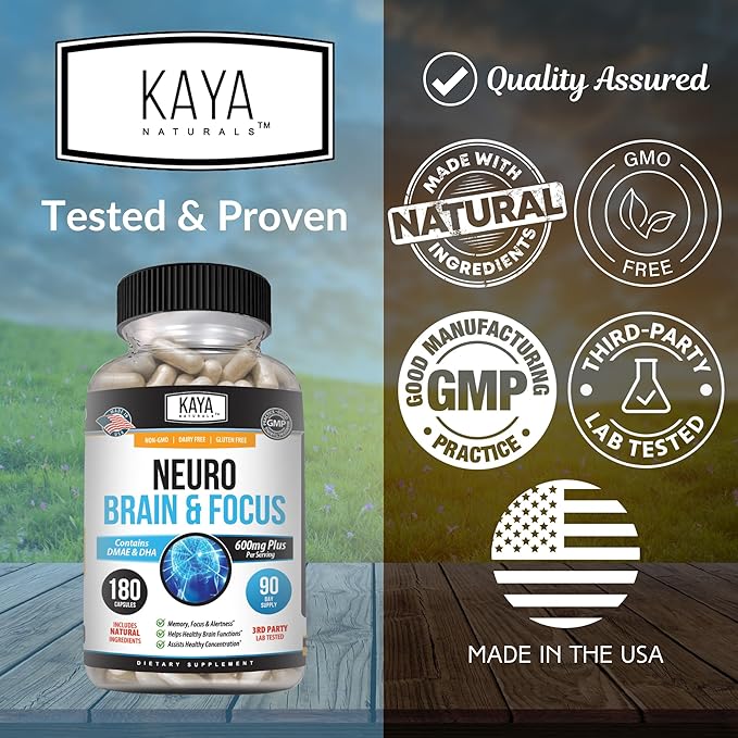 Kaya Naturals - Neuro Brain for Memory & Focus - Nootropic Energy Capsule - Nootropic Brain Support Supplement - Focus & Concentration & Learning Accuracy - Cognitive Function - 180 Count