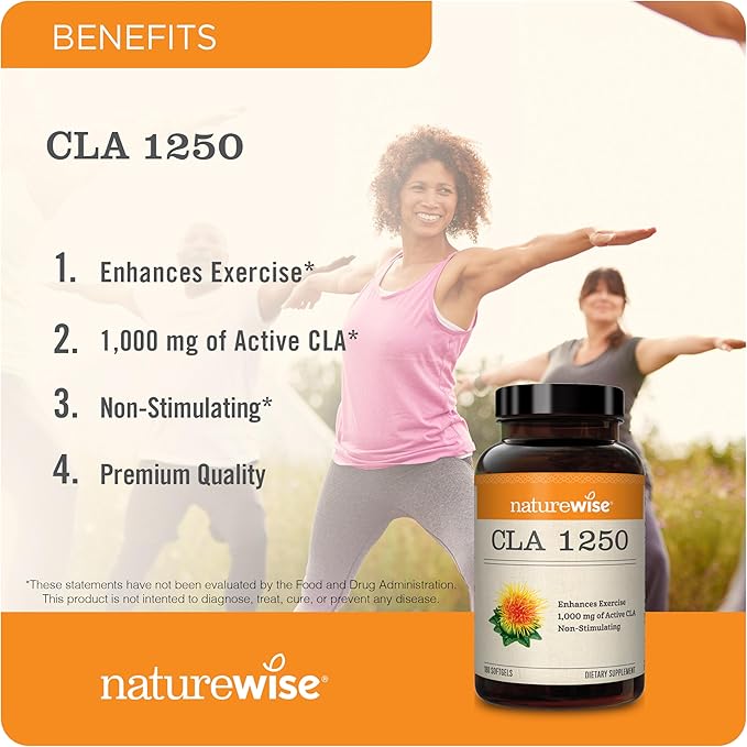NatureWise CLA 1250 - Conjugated Linoleic Acid Supplement for Women and Men, Not Stimulating, Supports Healthy Weight, Fitness Goals - Non-GMO, Gluten Free - 180 Softgels[2-Month Supply]