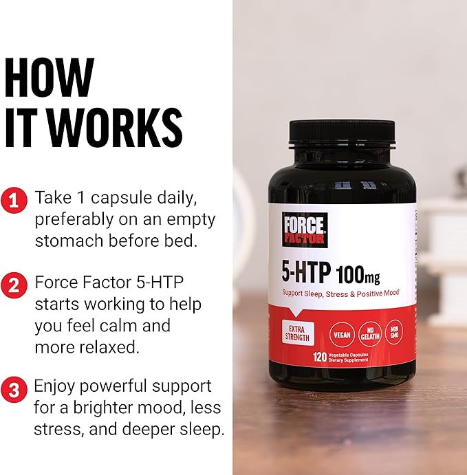 FORCE FACTOR 5HTP Sleep Aid and Mood Support Supplement, Extra Strength 5 HTP, Natural Sleep Supplement for Adults to Support Calm and Stress Balance, Vegan, Non-GMO, 120 Capsules