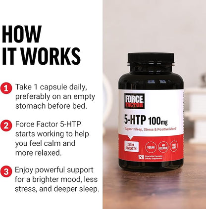 FORCE FACTOR 5HTP Sleep Aid and Mood Support Supplement, Extra Strength 5 HTP, Natural Sleep Supplement for Adults to Support Calm and Stress Balance, Vegan, Non-GMO, 120 Capsules
