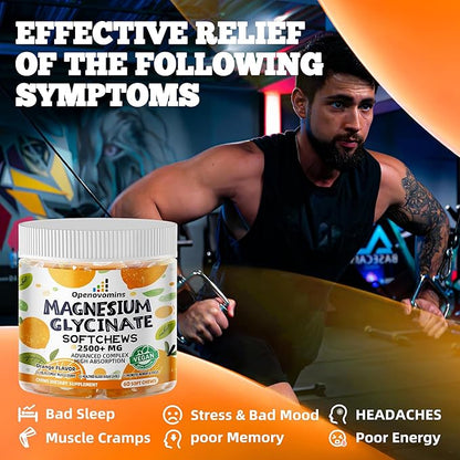 Magnesium Glycinate Soft Chews, Orange Flavor.Chewable Sugar Free Potassium Magnesium Chews with Magnesium Glycinate, Vitamin D, B6, and CoQ10 for Calm Support & Sleep for Adults, 60 Days Supply