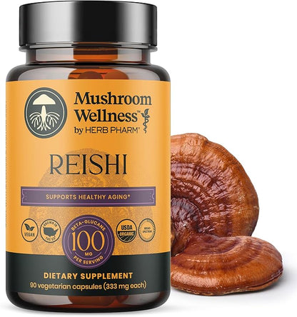 Organic Red Reishi Mushroom Capsules, Reishi Mushroom Powder Supplement, Immune Support, Traditional Nervous System Support & Cardiovascular Health, 90 Vegan Capsules