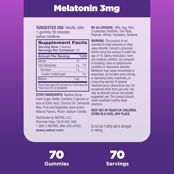 Natrol Melatonin Gummies, Sleep Support for Adults, 3 mg Melatonin Supplement for Sleeping, 70 Strawberry-Flavored Gummies, Up to a 70 Day Supply