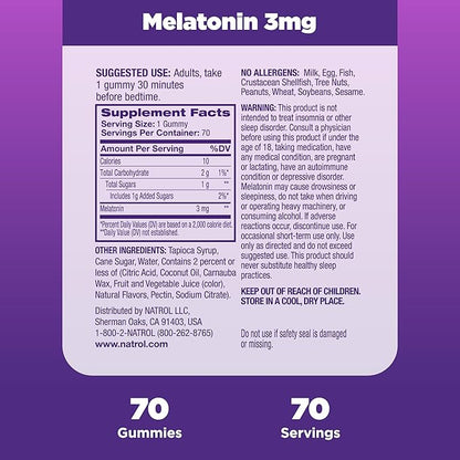 Natrol Melatonin Gummies, Sleep Support for Adults, 3 mg Melatonin Supplement for Sleeping, 70 Strawberry-Flavored Gummies, Up to a 70 Day Supply