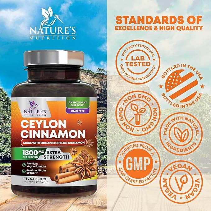 Organic Ceylon Cinnamon Supplement 1800mg - Certified Organic Ceylon Cinnamon Powder Pills - Energy & Heart Support for Women & Men, Bottled in USA, Antioxidant, Gluten Free, Non-GMO - 180 Capsules